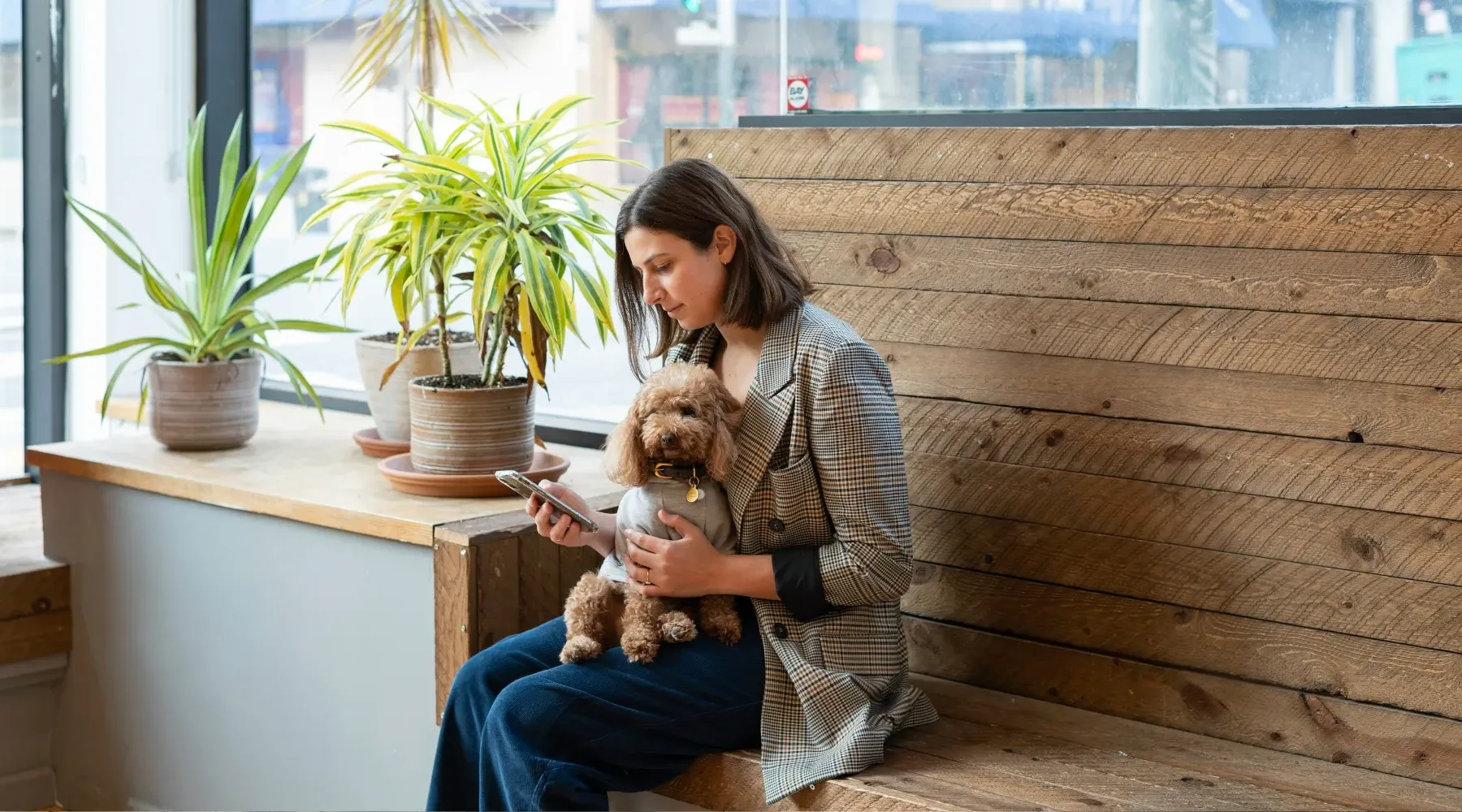 Woman in a cafe with a pooch