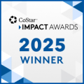 CoStar Impact Awards 2025 Winner badge with geometric blue and white background.